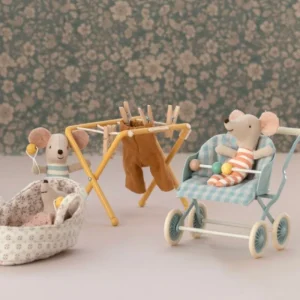 Store Klapvogn, Baby Mus - Mint Dukkemøbler & Tilbehør