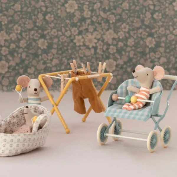 Store Klapvogn, Baby Mus - Mint Dukkemøbler & Tilbehør