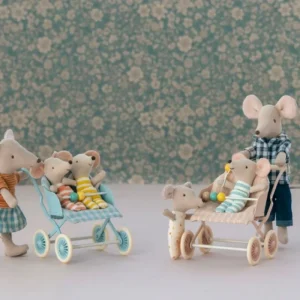 Store Klapvogn, Baby Mus - Mint Dukkemøbler & Tilbehør