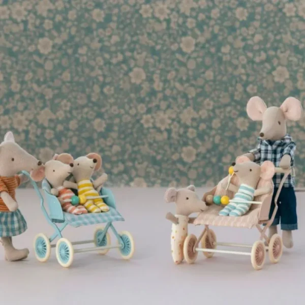 Store Klapvogn, Baby Mus - Mint Dukkemøbler & Tilbehør